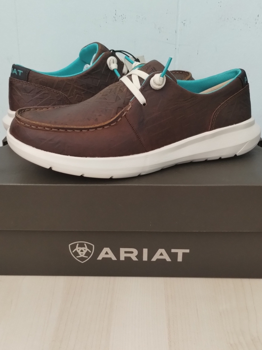 Ariat Women's Hilo Slip On Brown Leather Boat Shoes with Teal Lining